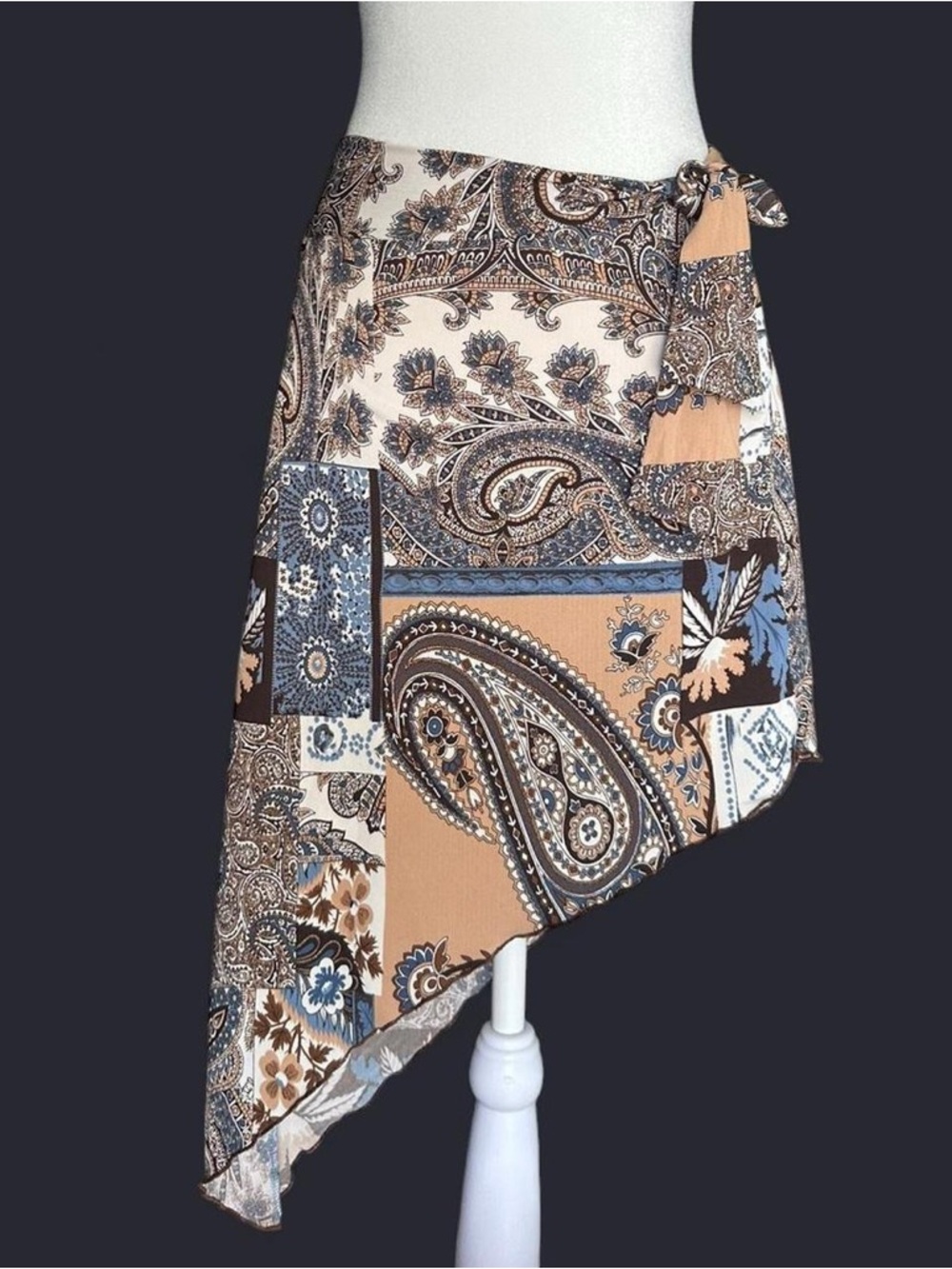 Paisley Patchwork Midi Wrap Skirt in Tan and Blue